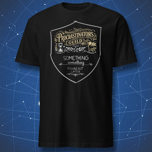 Procrastinators Guild funny productivity humor t-shirt with emblem on black shirt