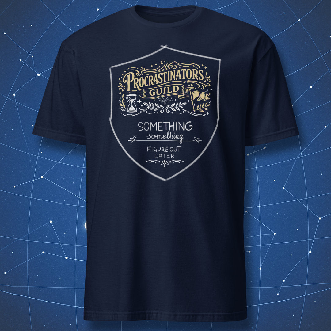 Procrastinators Guild procrastination humor shirt with academic badge on navy t-shirt