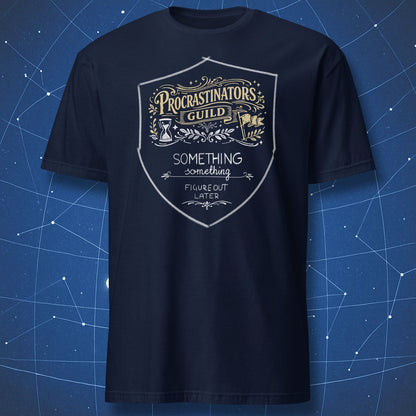 Procrastinators Guild procrastination humor shirt with academic badge on navy t-shirt