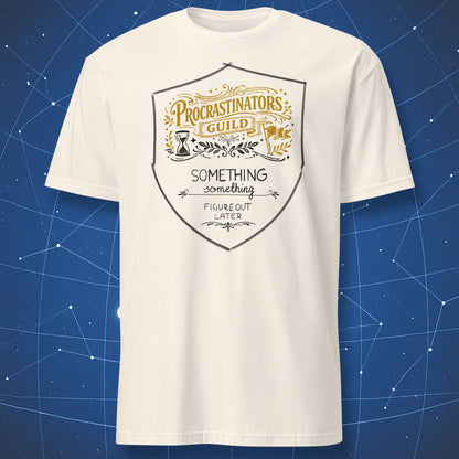 Procrastinators Guild emblem procrastination t-shirt on natural color tee
