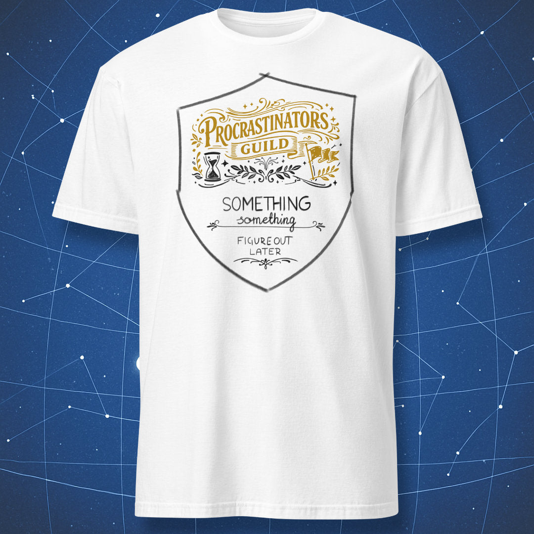 Procrastinators Guild humorous productivity badge t-shirt on white shirt