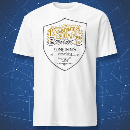 Procrastinators Guild humorous productivity badge t-shirt on white shirt