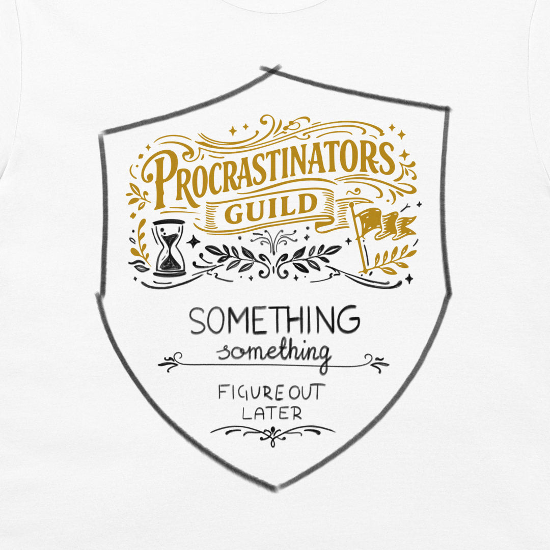 A white long-sleeve t-shirt featuring a large graphic print on the front. The print is styled like a medieval guild crest, with the words 'PROCRASTINATORS GUILD' in a gold decorative font, and the phrase 'SOMETHING FIGURE OUT LATER' in black text below.