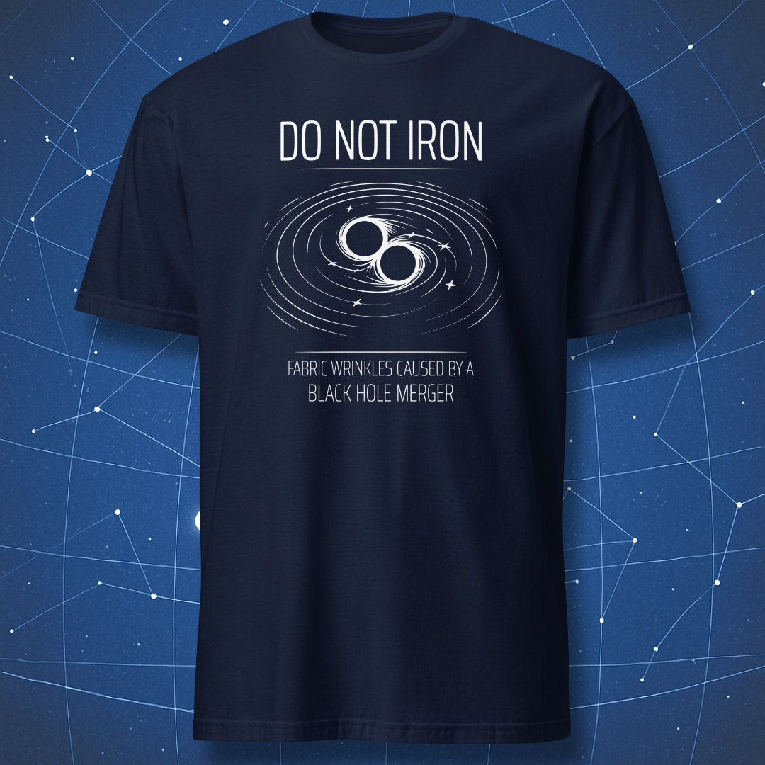Do Not Iron binary black hole merger science humor t-shirt with astrophysics diagram