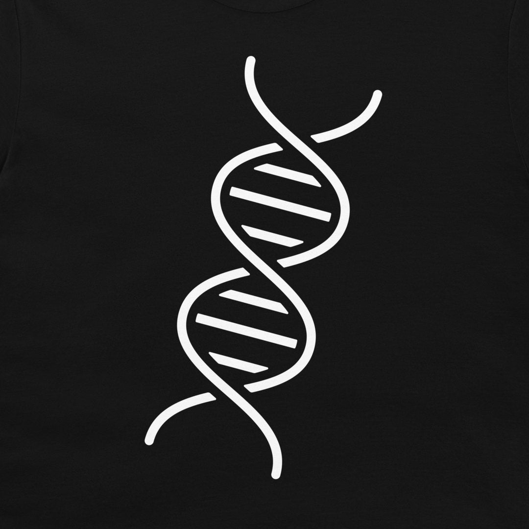 A close-up of a black t-shirt, featuring a white graphic print of a double helix DNA strand.