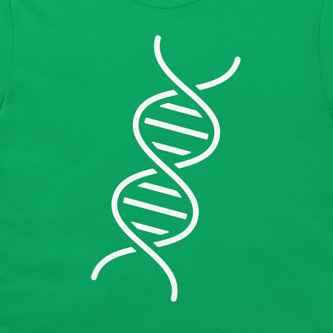 A close-up of a bright green t-shirt, featuring a white graphic of a double helix DNA strand printed on the front.