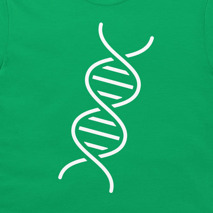 A close-up of a bright green t-shirt, featuring a white graphic of a double helix DNA strand printed on the front.