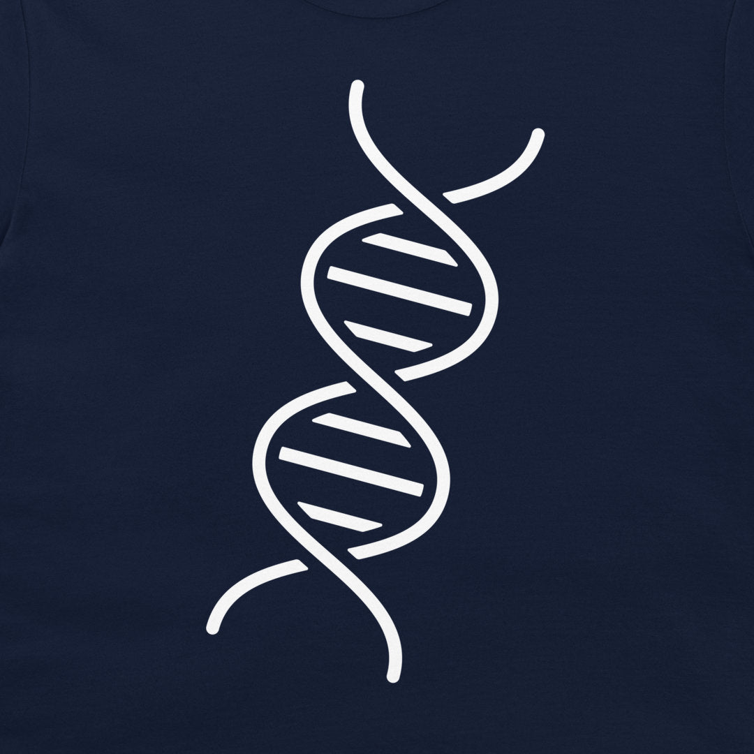A close-up of a dark navy blue t-shirt, featuring a white graphic print of a double helix DNA strand.