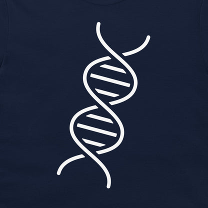 A close-up of a dark navy blue t-shirt, featuring a white graphic print of a double helix DNA strand.