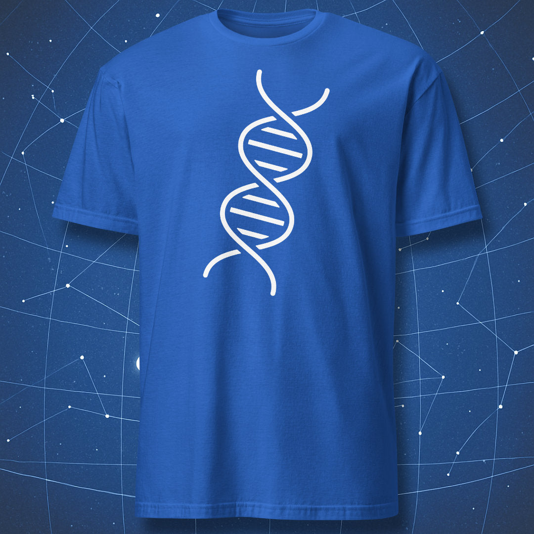 DNA helix textbook-style design on royal blue shirt