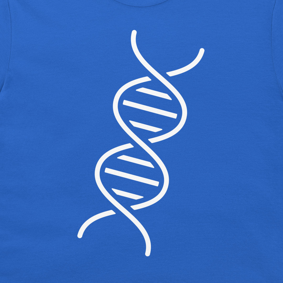 A close-up of a royal blue t-shirt, featuring a white graphic print of a DNA double helix molecule on the chest.