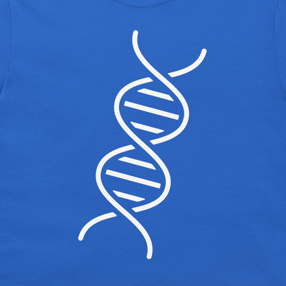 A close-up of a royal blue t-shirt, featuring a white graphic print of a DNA double helix molecule on the chest.