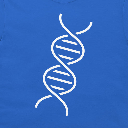 A close-up of a royal blue t-shirt, featuring a white graphic print of a DNA double helix molecule on the chest.