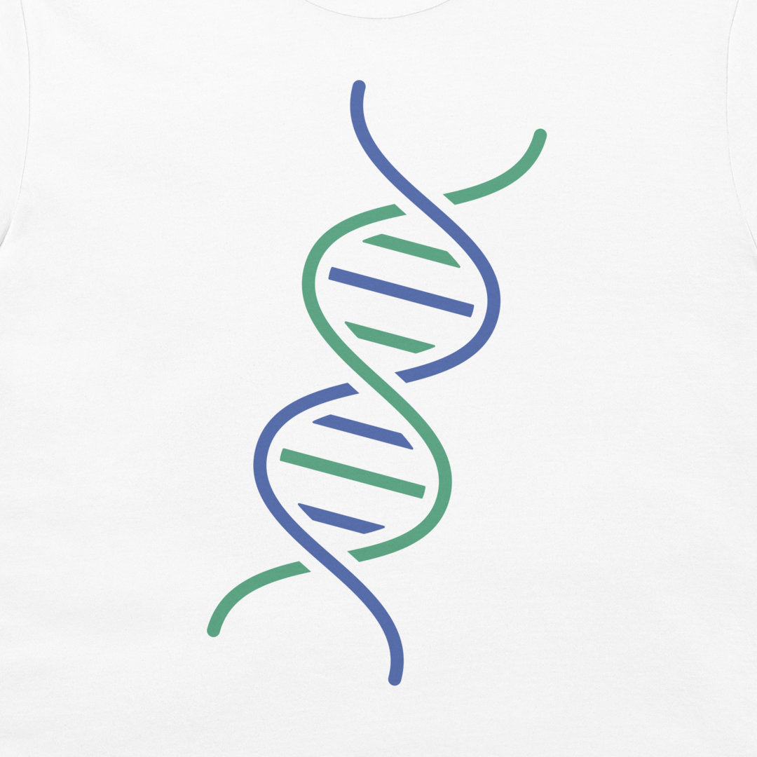 A close-up of a white tank top or sweatshirt, featuring a stylized DNA double helix graphic printed on the chest in blue and green.