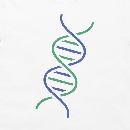 A close-up of a white tank top or sweatshirt, featuring a stylized DNA double helix graphic printed on the chest in blue and green.