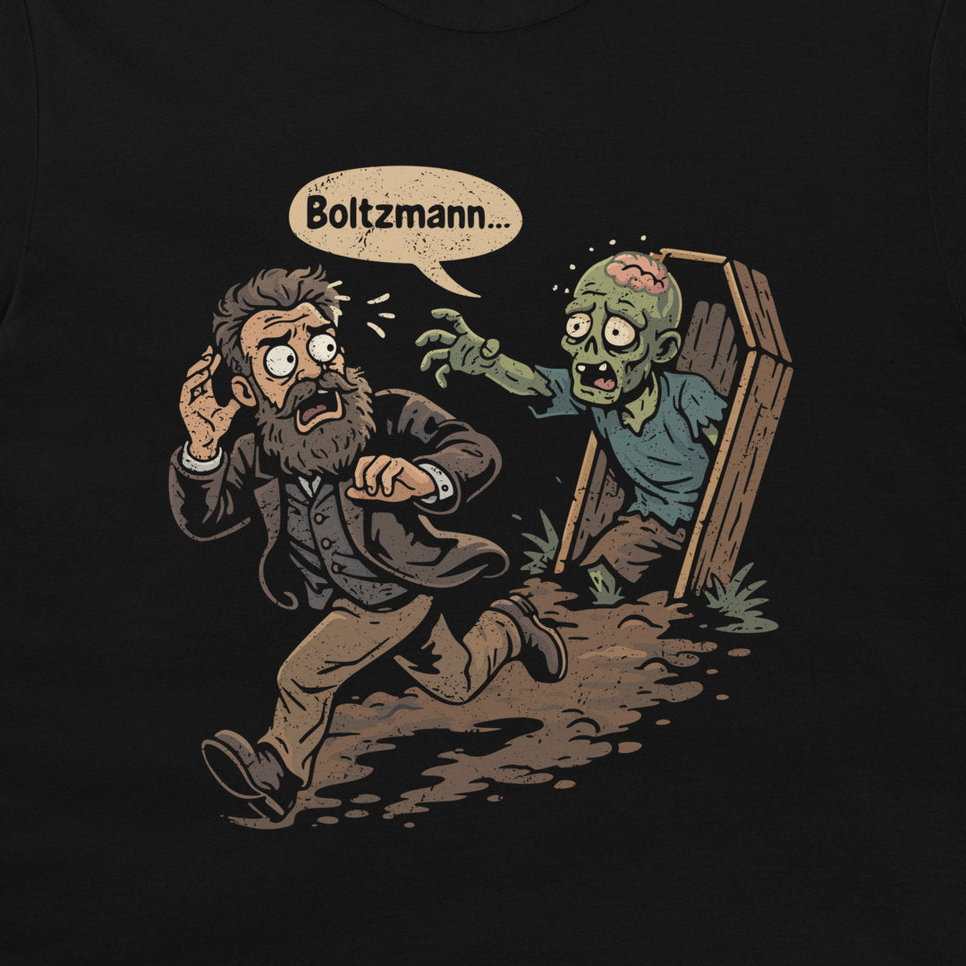 Close-up of the boltzmann brain zombie physics humor t-shirt design
