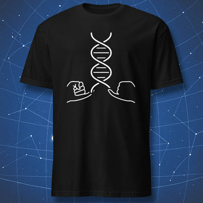 Black t-shirt with minimalist white DNA helix pulled apart like a wishbone