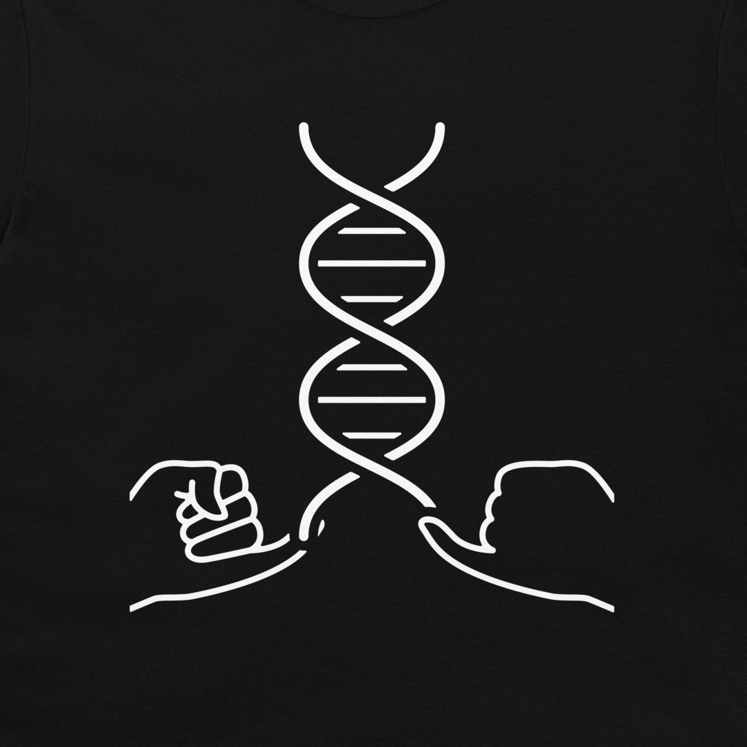 A black t-shirt featuring a white minimalist line art graphic of a DNA double helix with two hands reaching toward it.