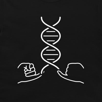 A black t-shirt featuring a white minimalist line art graphic of a DNA double helix with two hands reaching toward it.