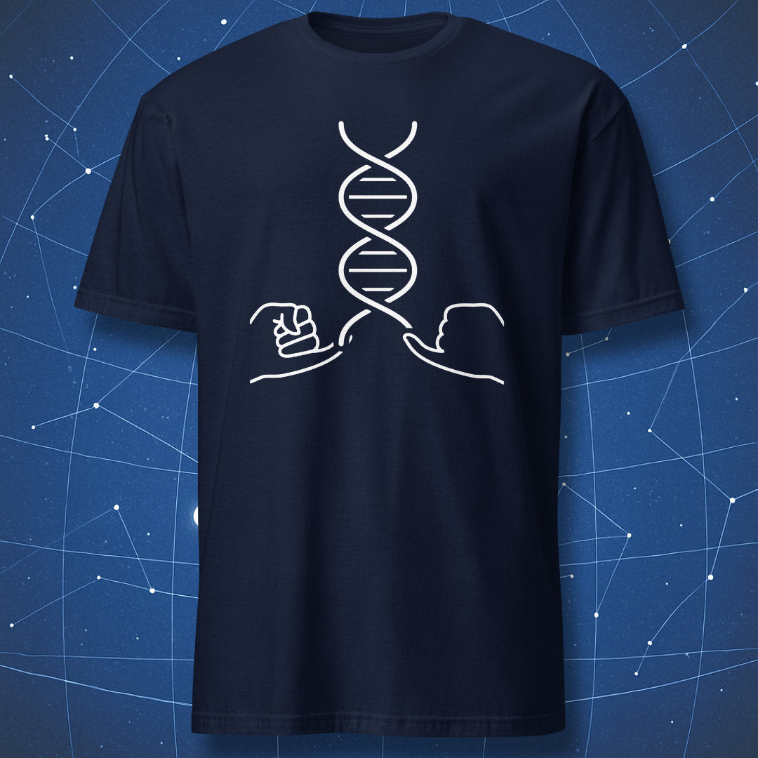 Navy blue t-shirt featuring white DNA wishbone line art design