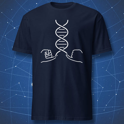 Navy blue t-shirt featuring white DNA wishbone line art design