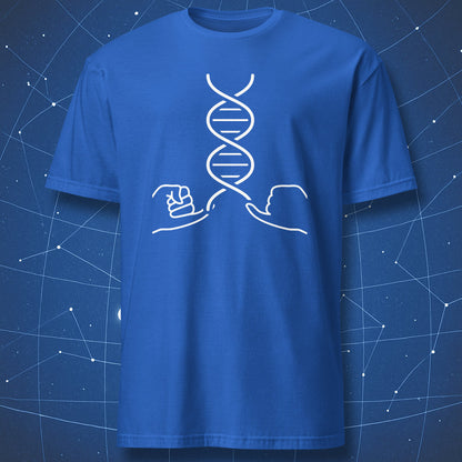 Royal blue science t-shirt with DNA helix wishbone graphic