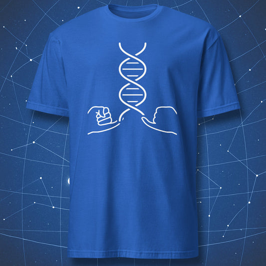 Royal blue science t-shirt with DNA helix wishbone graphic