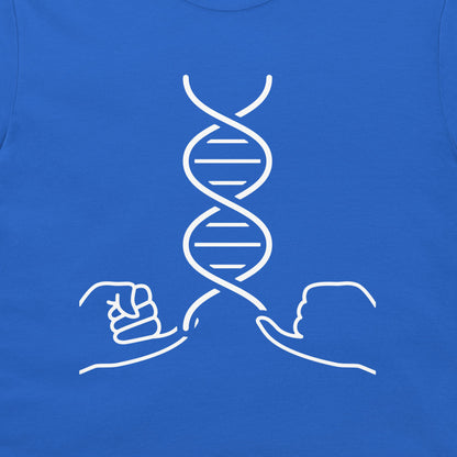 A close-up of a royal blue t-shirt, featuring a white line art graphic of a DNA double helix with two hands reaching toward it.