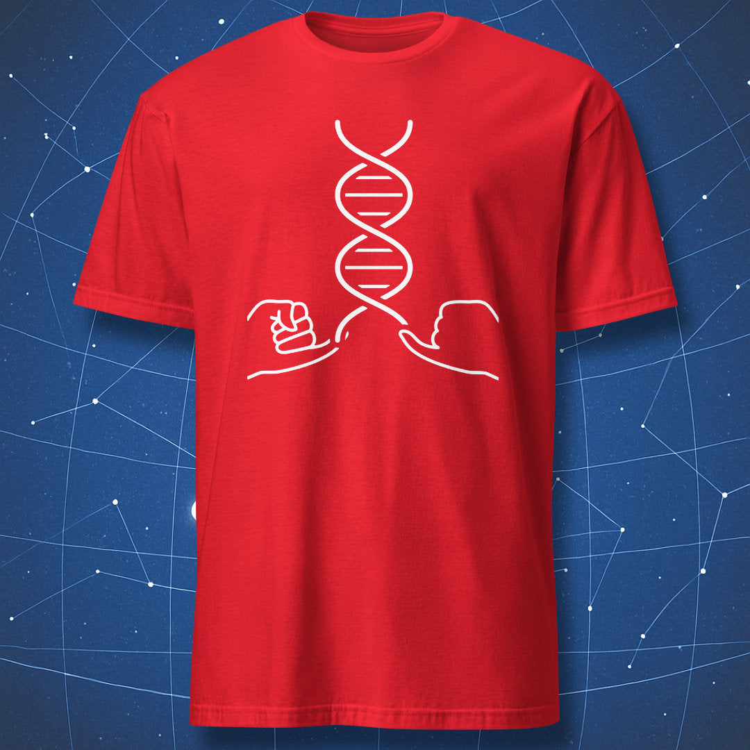 Red nerd t-shirt with white broken DNA helix illustration