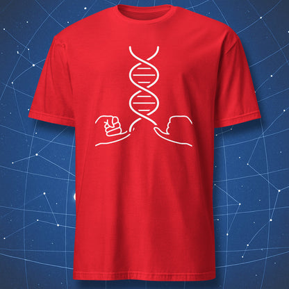 Red nerd t-shirt with white broken DNA helix illustration