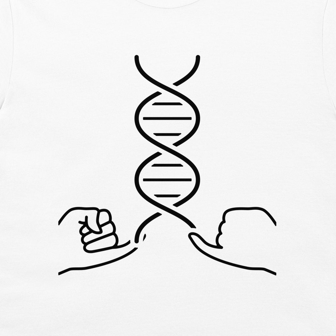 A white t-shirt featuring a black line art graphic of a DNA double helix with two hands breaking or holding it at the base.