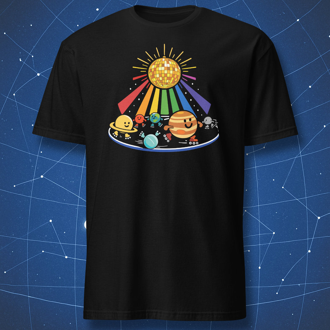 Cosmic roller disco solar system funny space t-shirt black