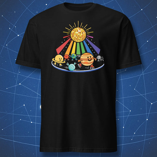 Cosmic roller disco solar system funny space t-shirt black