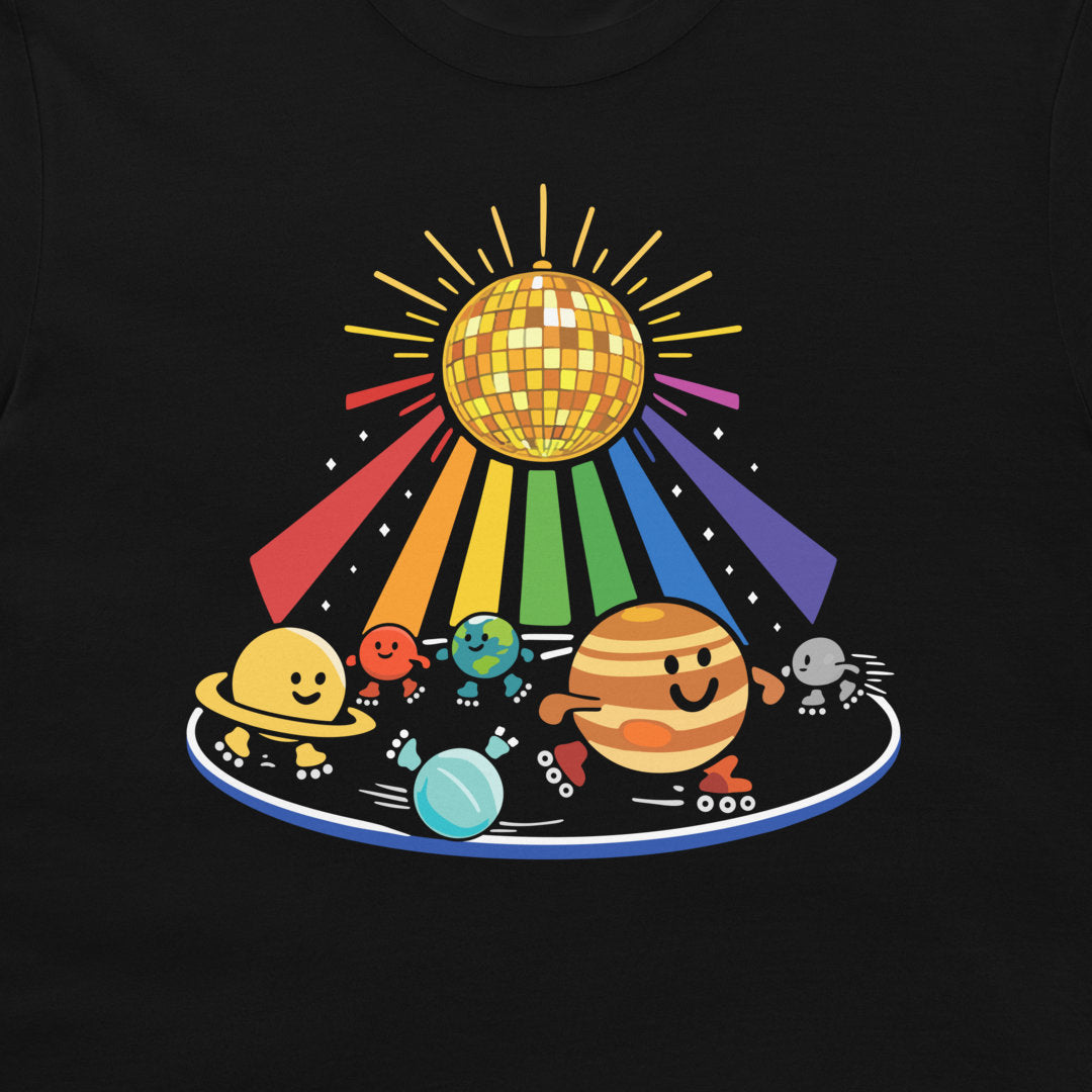 A black t-shirt featuring a colorful retro graphic of a disco ball and cartoon planets on a circular platform.