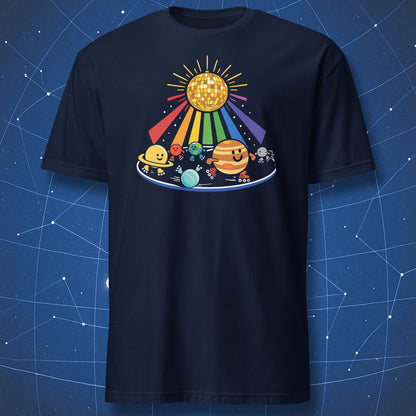 Solar system roller skating disco sun science shirt navy