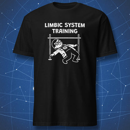 Black t-shirt featuring a scientist doing limbo under a bar with the text “Limbic System Training” – funny neuroscience humor design.