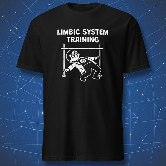 Black t-shirt featuring a scientist doing limbo under a bar with the text “Limbic System Training” – funny neuroscience humor design.