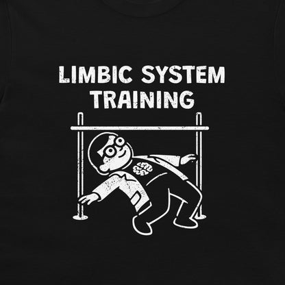 A black t-shirt featuring a white distressed graphic print that reads 'LIMBIC SYSTEM TRAINING' above a cartoon illustration.