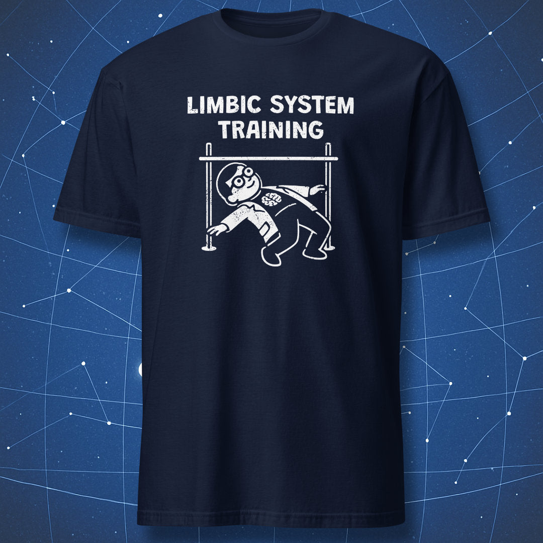 Navy blue t-shirt featuring a scientist doing limbo under a bar with the text “Limbic System Training” – neuroscience joke design.
