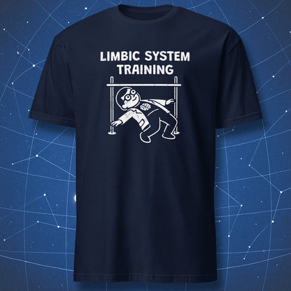 Navy blue t-shirt featuring a scientist doing limbo under a bar with the text “Limbic System Training” – neuroscience joke design.