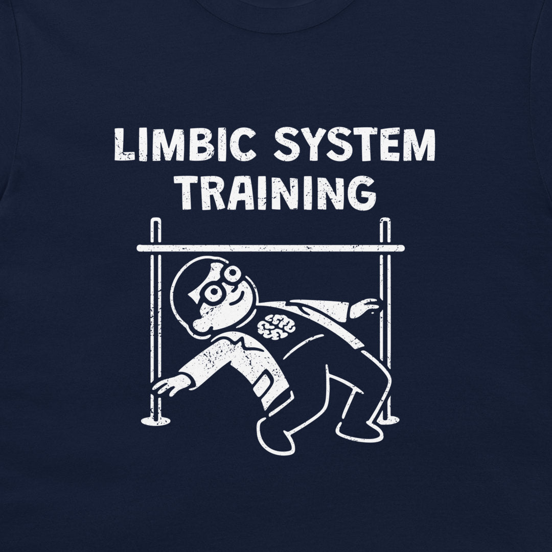 A navy blue t-shirt featuring a white distressed graphic print that reads 'LIMBIC SYSTEM TRAINING' above a cartoon illustration of a person crawling under a bar.