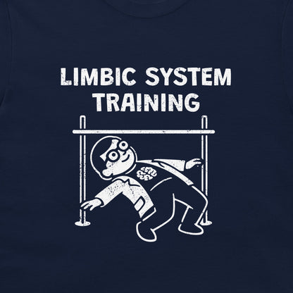 A navy blue t-shirt featuring a white distressed graphic print that reads 'LIMBIC SYSTEM TRAINING' above a cartoon illustration of a person crawling under a bar.