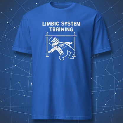 Royal blue t-shirt with a cartoon scientist performing limbo under a bar and the text “Limbic System Training” – funny brain science shirt.