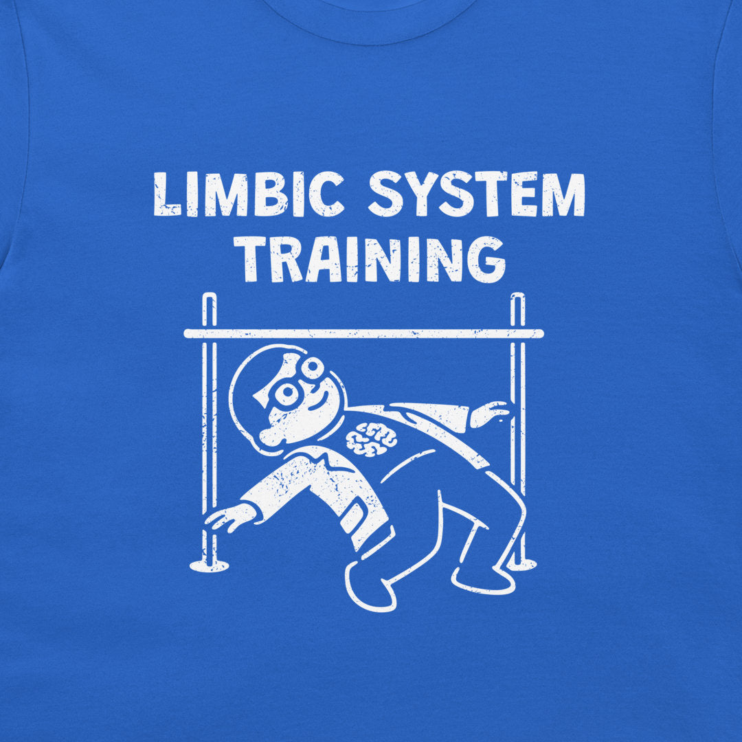 A close-up of a royal blue t-shirt featuring a white distressed graphic that reads 'LIMBIC SYSTEM TRAINING' above a cartoon figure under a hurdle.
