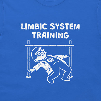A close-up of a royal blue t-shirt featuring a white distressed graphic that reads 'LIMBIC SYSTEM TRAINING' above a cartoon figure under a hurdle.