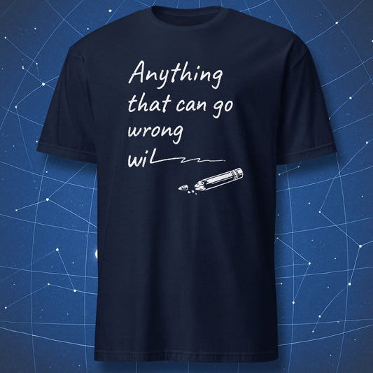 Murphy’s Law science humor t-shirt showing handwritten phrase breaking mid word with broken pencil illustration
