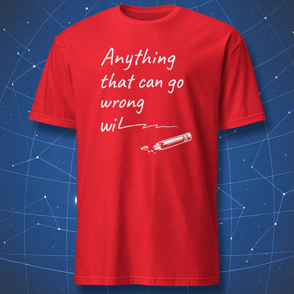 Science humor Murphy’s Law t-shirt showing anything that can go wrong wil with snapped pencil illustration
