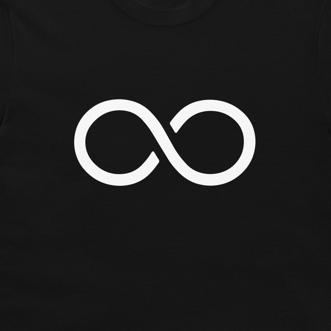 A close-up of a black t-shirt, featuring a large white infinity symbol printed on the chest.