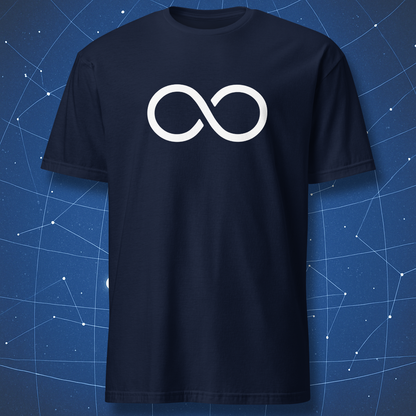 Minimal infinity symbol math shirt on navy blue t-shirt