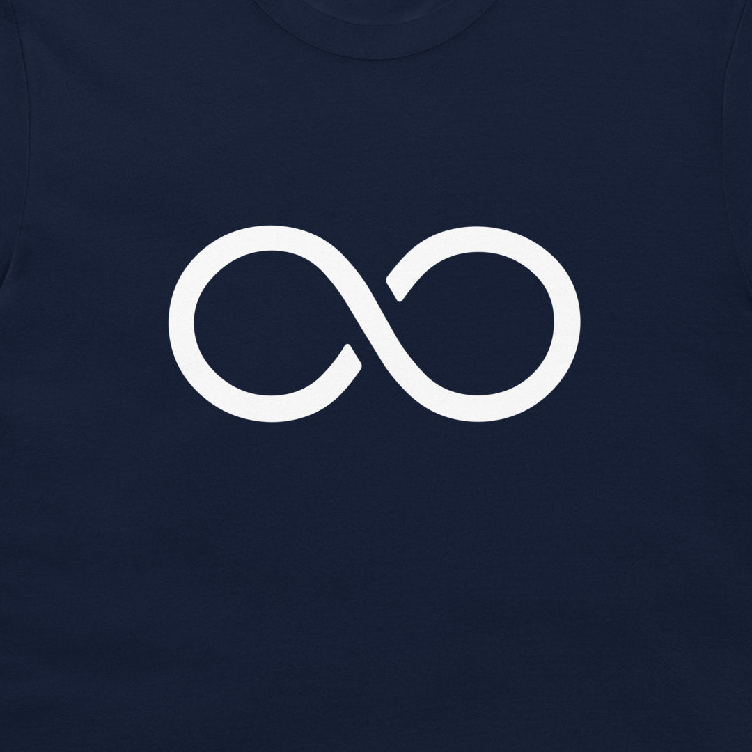 A close-up of a navy blue t-shirt, featuring a large white infinity symbol printed on the chest.